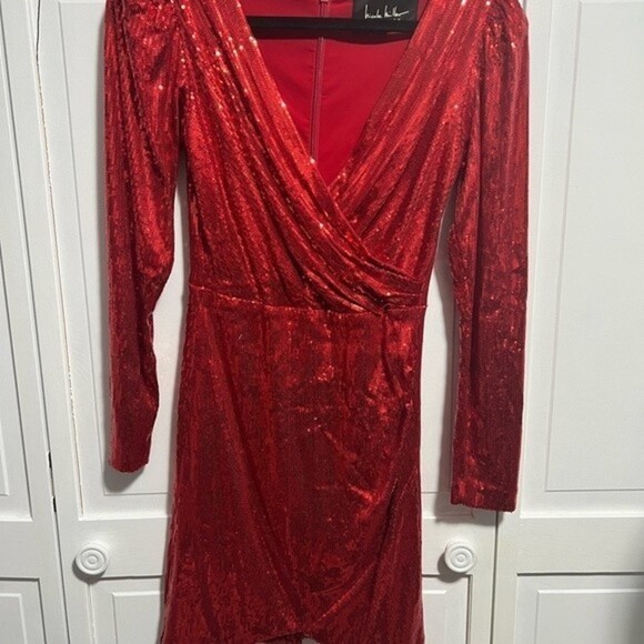 Red‎ Long-Sleeve Stunning Red Sequin Wrap Dress  Holiday Party Dress, Siz… - Picture 2 of 4